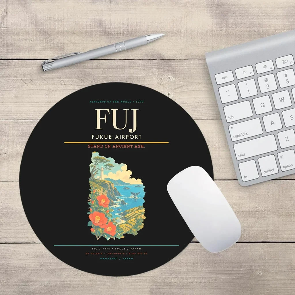 Fukue Airport (FUJ) design on black round mouse pad