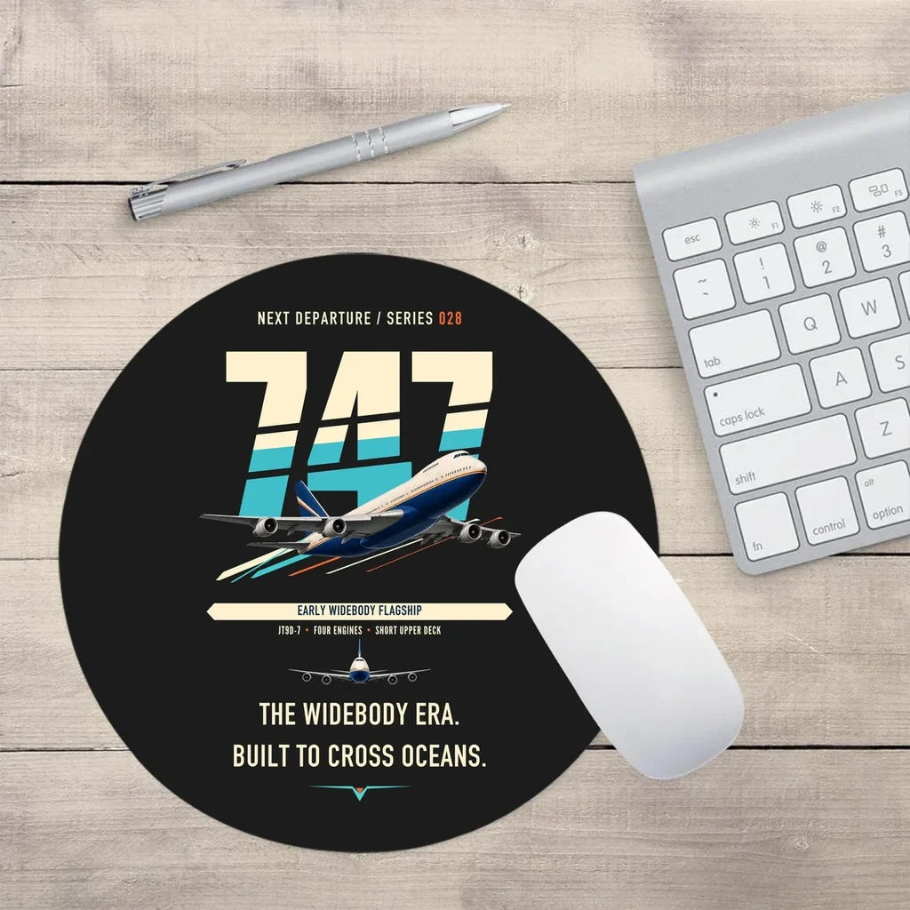 Boeing 747-200B design on black round mouse pad