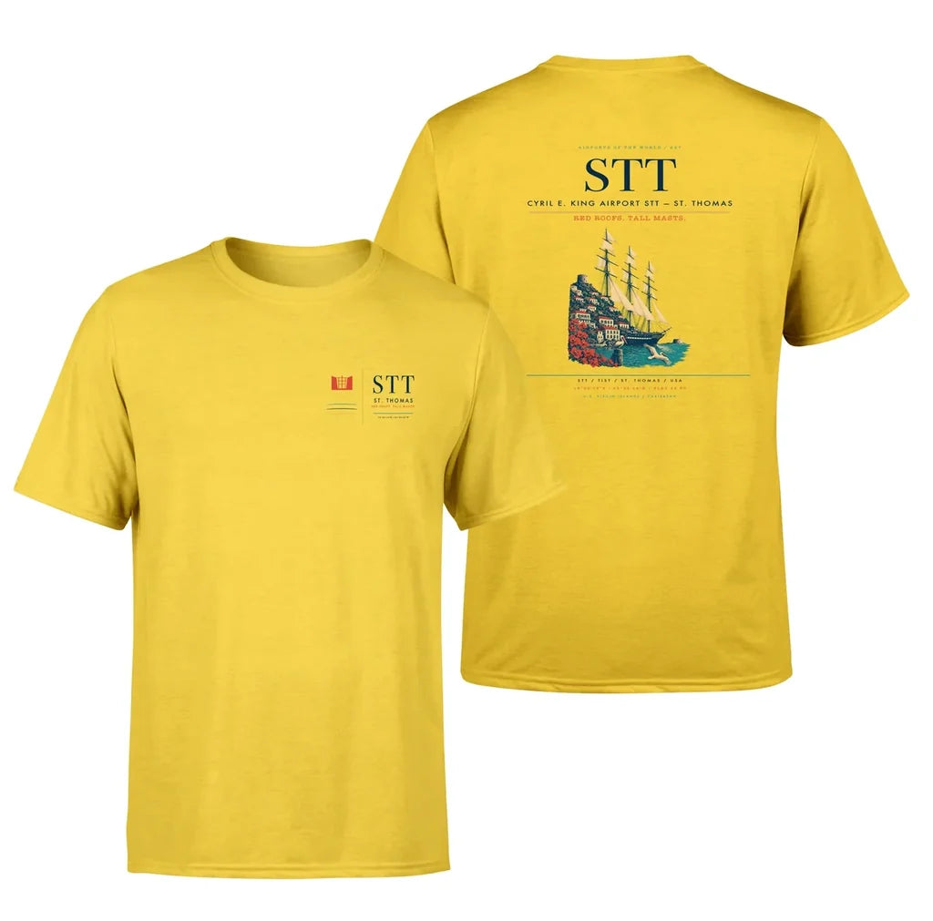 Cyril E. King Airport (STT) design printed on yellow double-side t-shirt