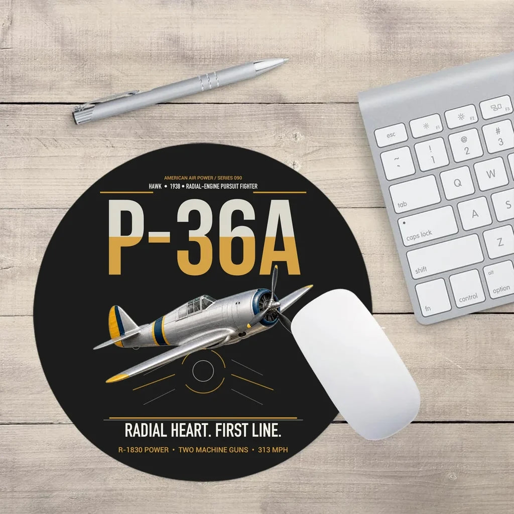 P-36A Hawk design on black round mouse pad