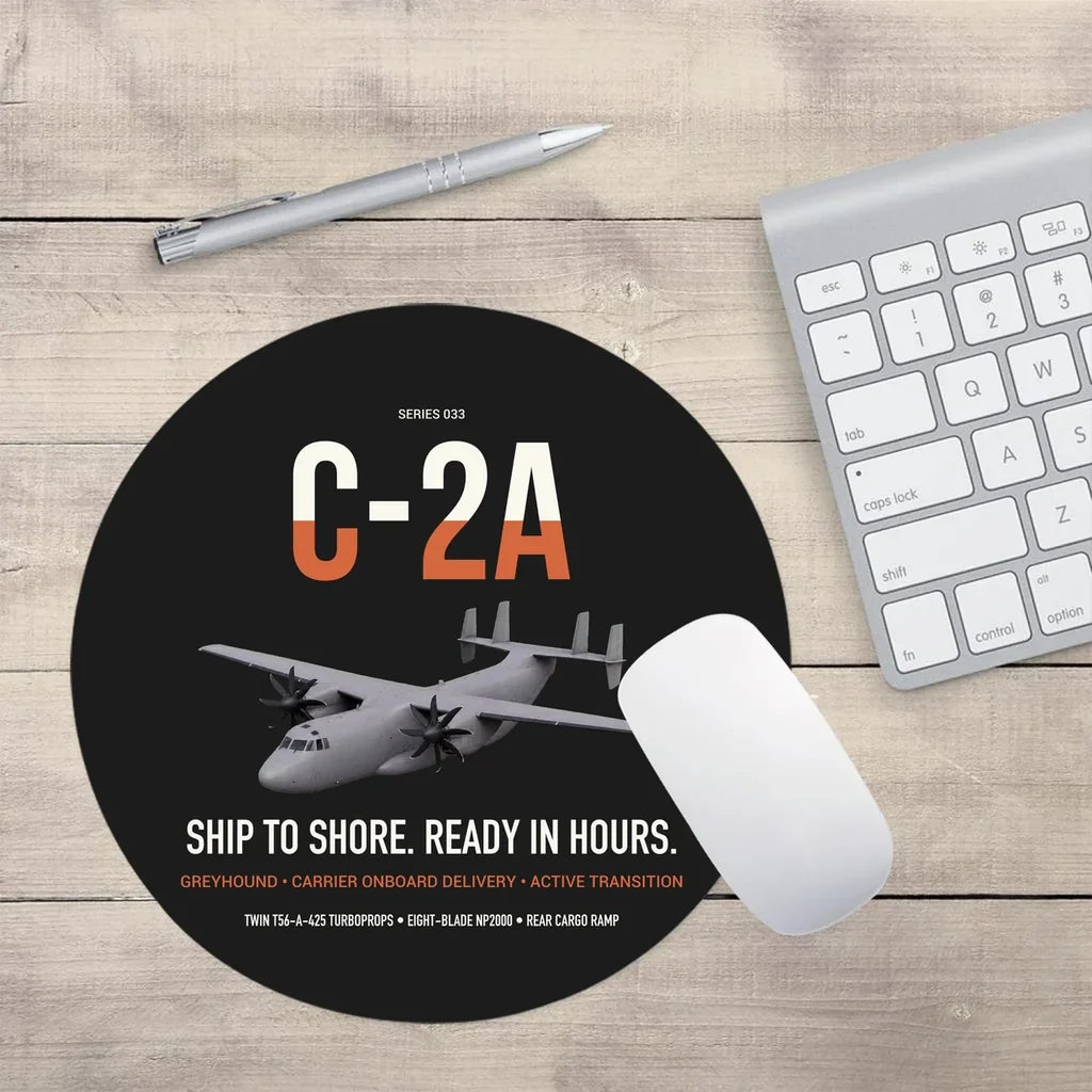 C-2A Greyhound design on black round mouse pad