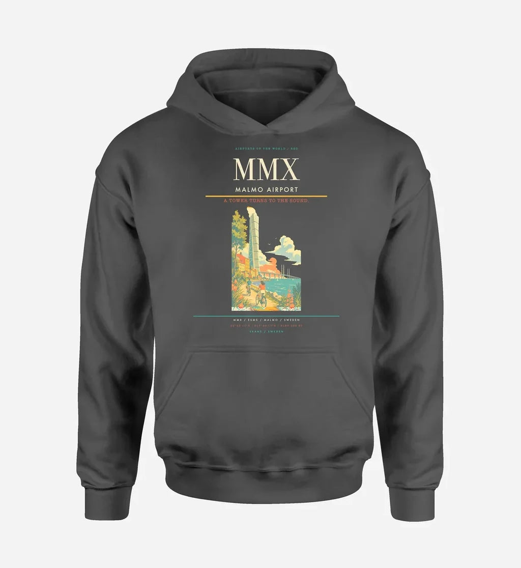 Malmo Airport (MMX) design on dark gray hoodie single-side print