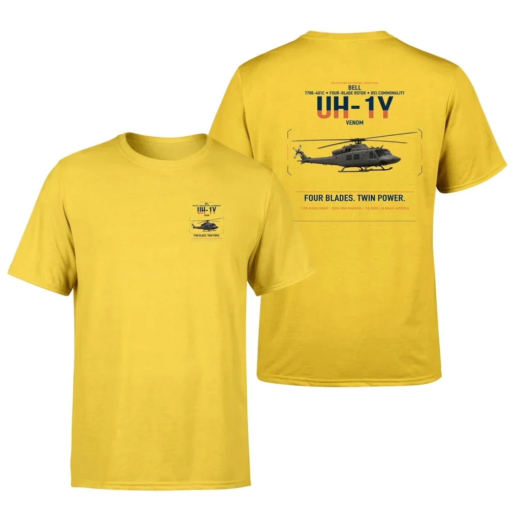 Bell UH-1Y Venom design on yellow t-shirt, double-side print