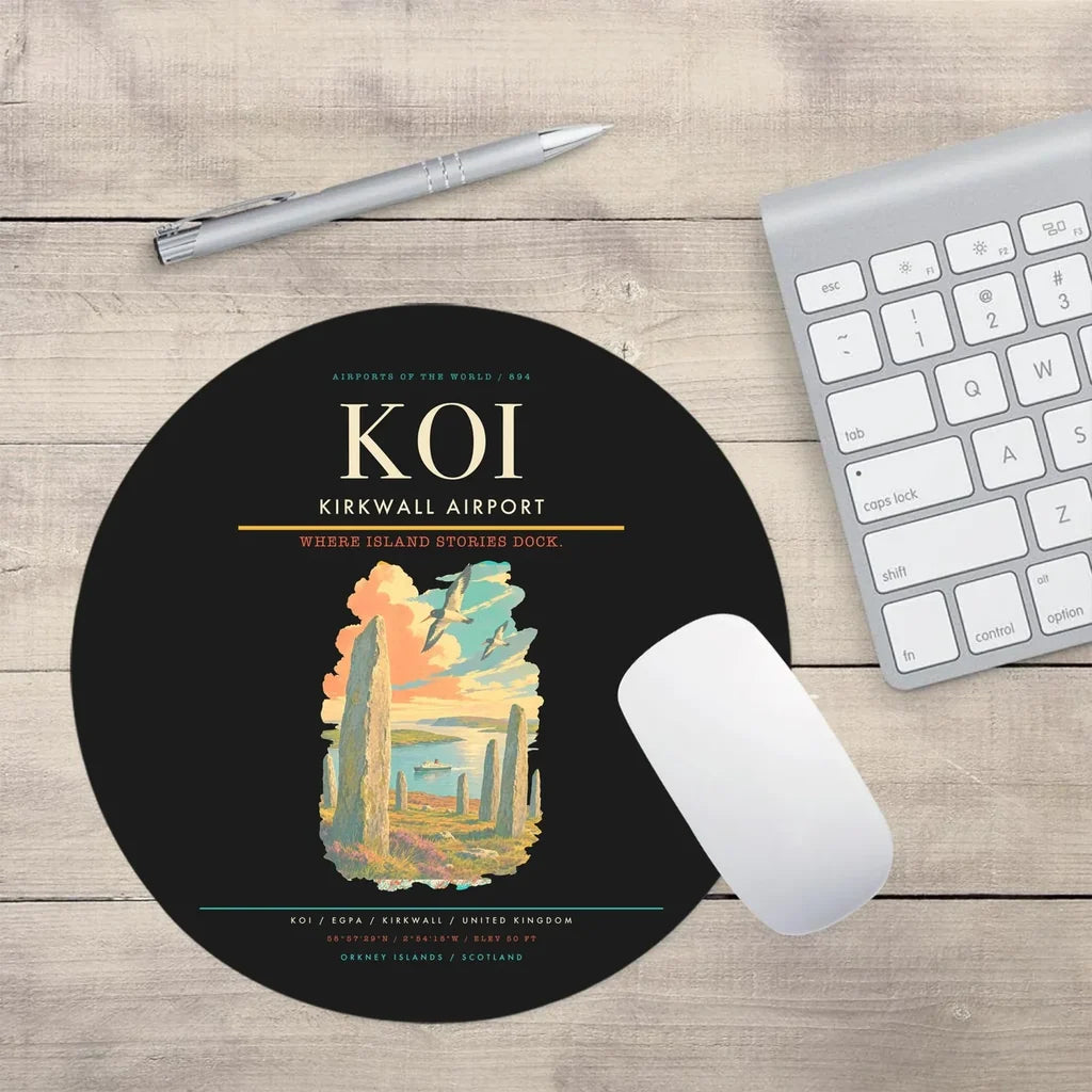 Kirkwall Airport (KOI) design on black round mouse pad
