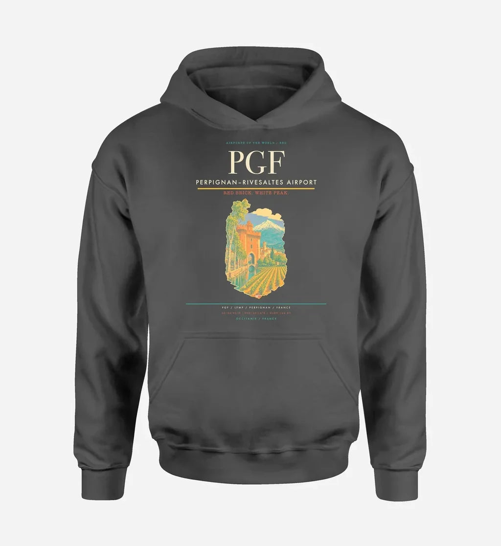 Perpignan–Rivesaltes Airport (PGF) design on dark gray hoodie single-side print