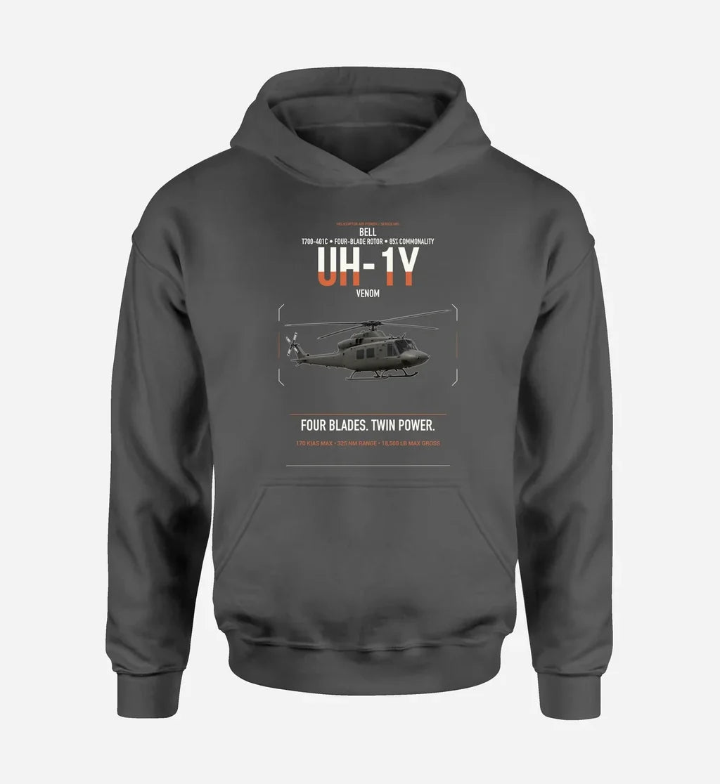Bell UH-1Y Venom design on dark gray double-side hoodie, single-side print