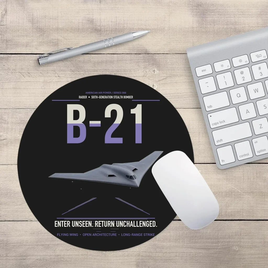 B-21 Raider design on black round mouse pad