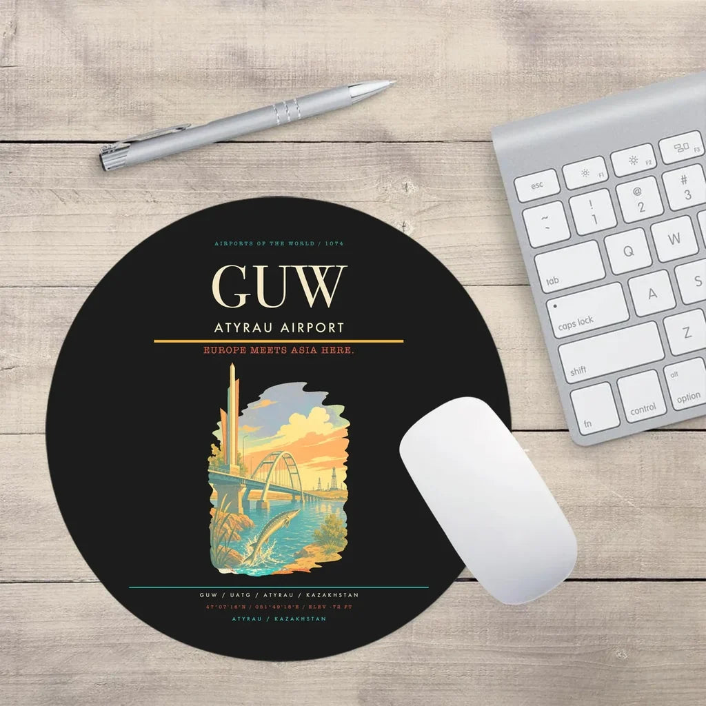 Atyrau Airport (GUW) design on black round mouse pad