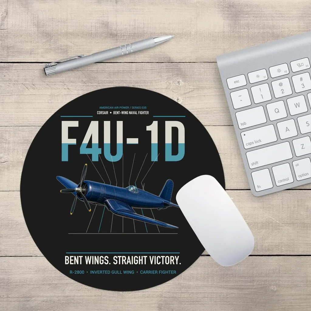F4U-1D Corsair design on black round mouse pad