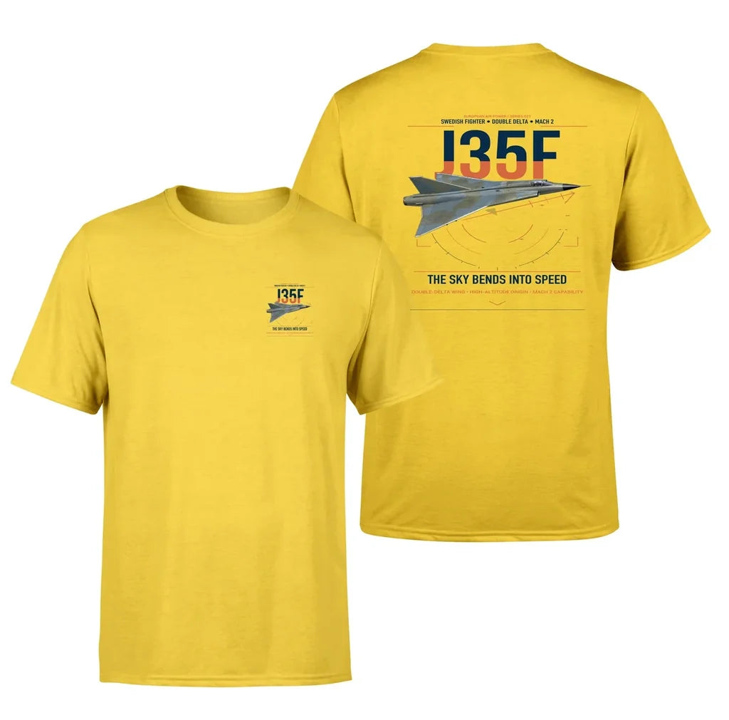 Saab J 35F Draken design on yellow t-shirt, double-side print