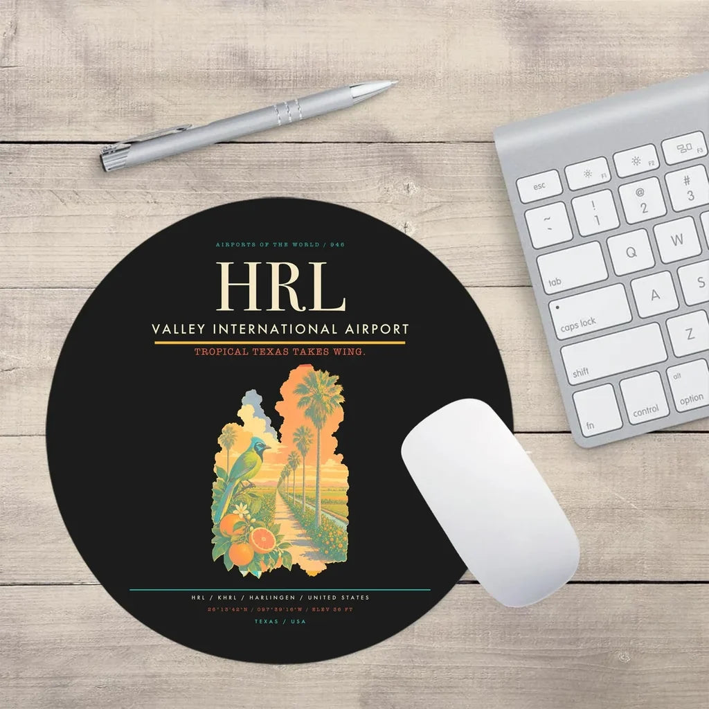 Valley International Airport (HRL) design on black round mouse pad