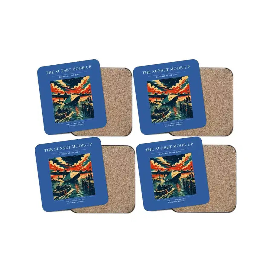 The Sunset Moor-Up - Designed Coasters design on blue 4-pieces-set