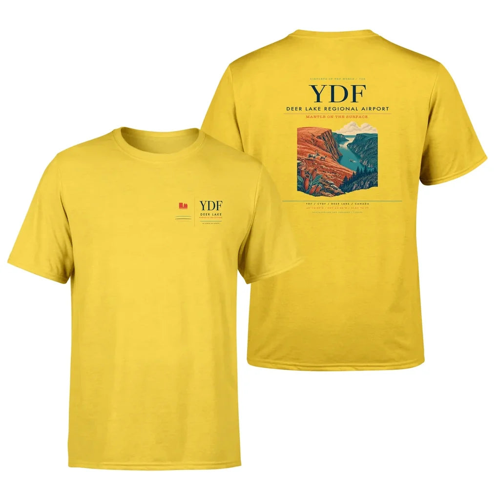 Deer Lake Regional Airport (YDF) design printed on yellow double-side t-shirt