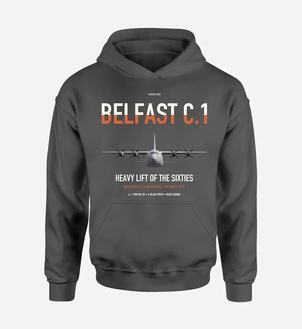 Short Belfast C.1 design on dark gray double-side hoodie, single-side print