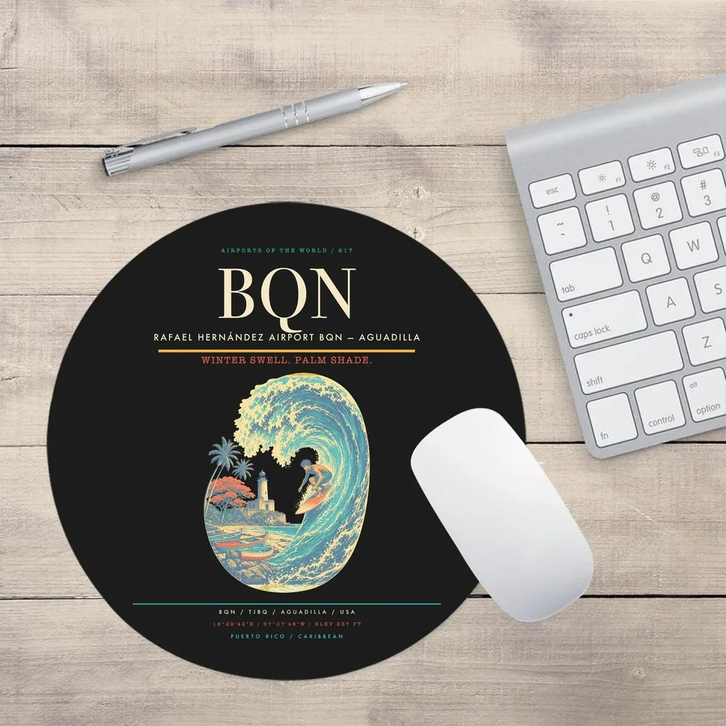 Rafael Hernández Airport (BQN) design on black round mouse pad