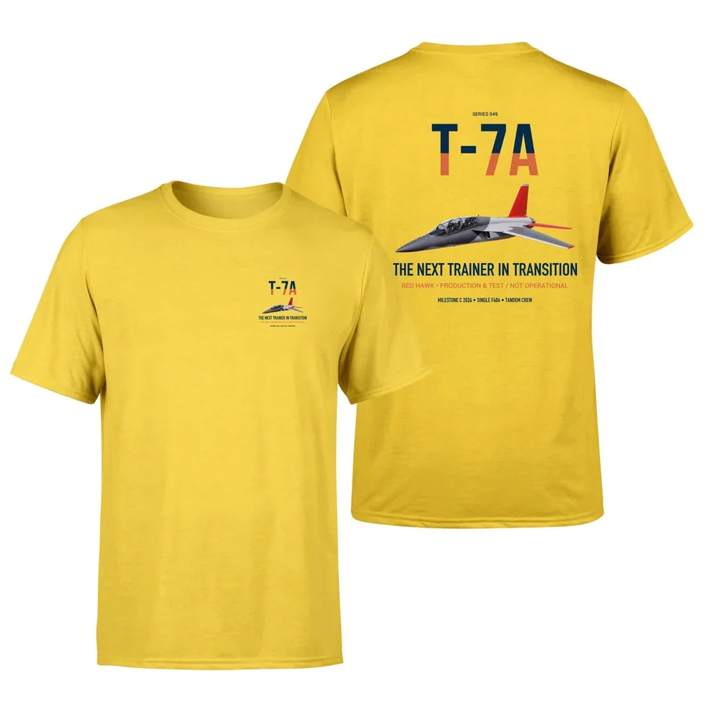 T-7A Red Hawk design on yellow double-side t-shirt, double-side print