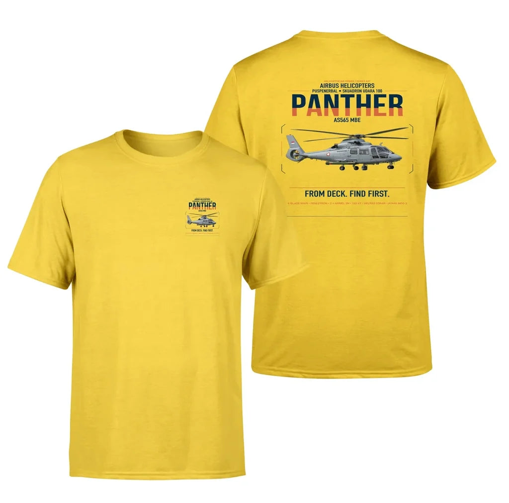 Airbus Helicopters AS565 MBe Panther design on yellow t-shirt, double-side print