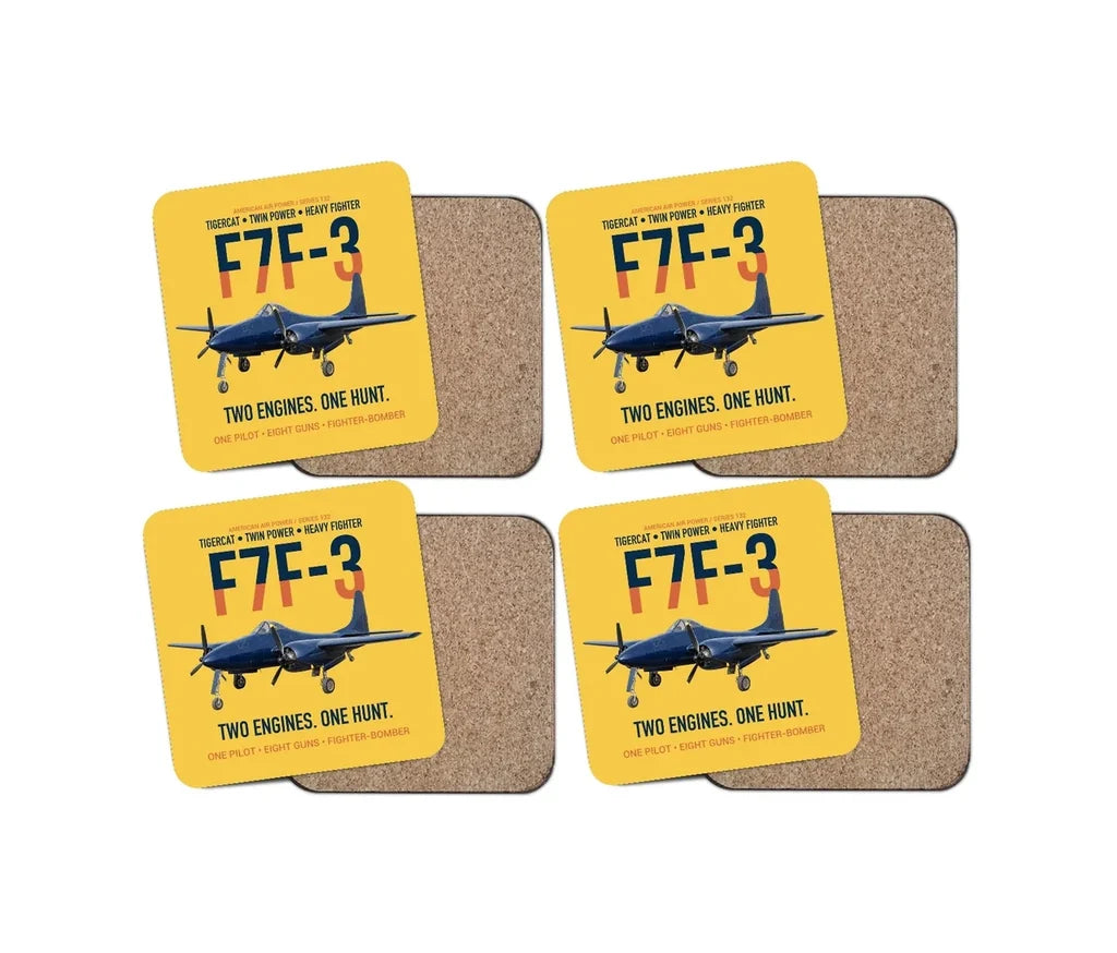 F7F-3 Tigercat Two Engines One Hunt design on yellow 4 pieces set coaster