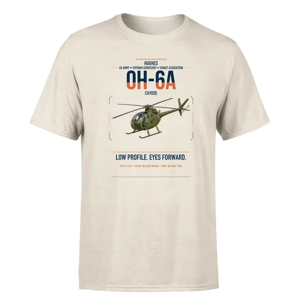 Hughes OH-6A Cayuse design on beige t-shirt, single-side print