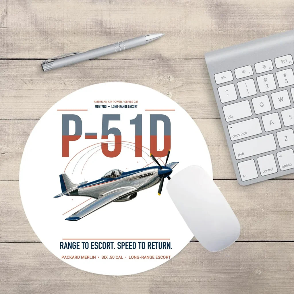 P-51D Mustang design on white round mouse pad