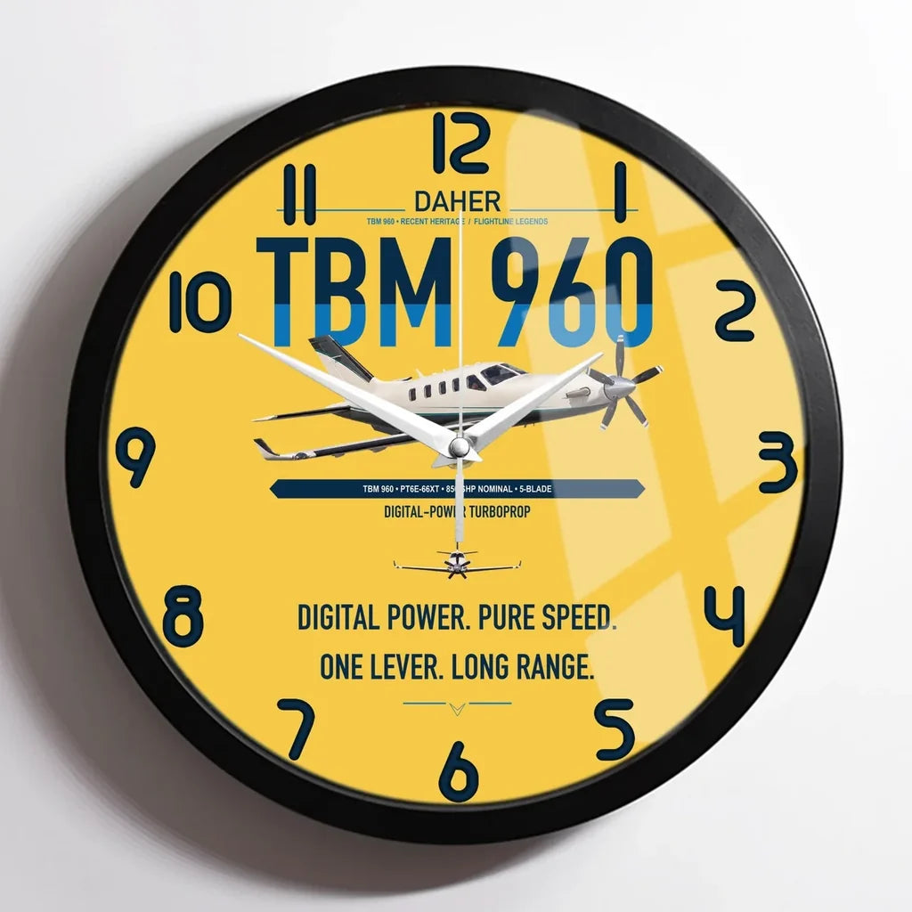 Daher TBM 960 design on yellow framed wall clock