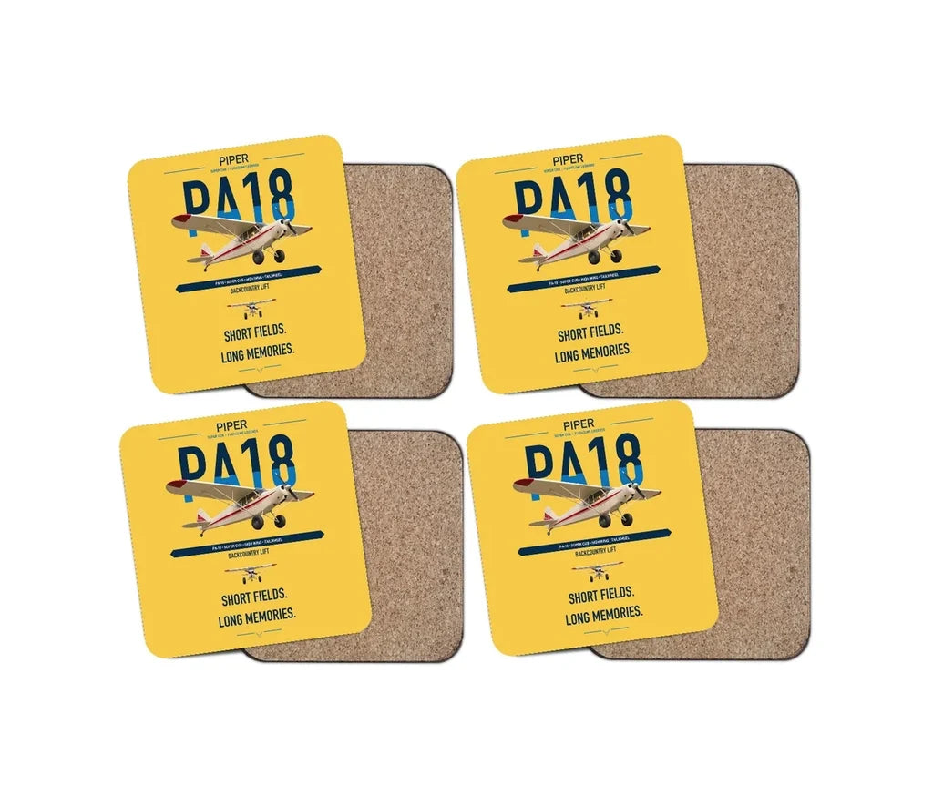 Piper PA-18 Super Cub design on yellow 4 pieces set coaster