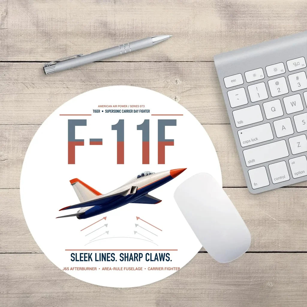 F-11F Tiger design on white round mouse pad