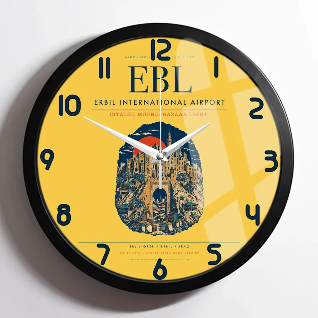 Erbil International Airport (EBL) design on yellow framed wall clock