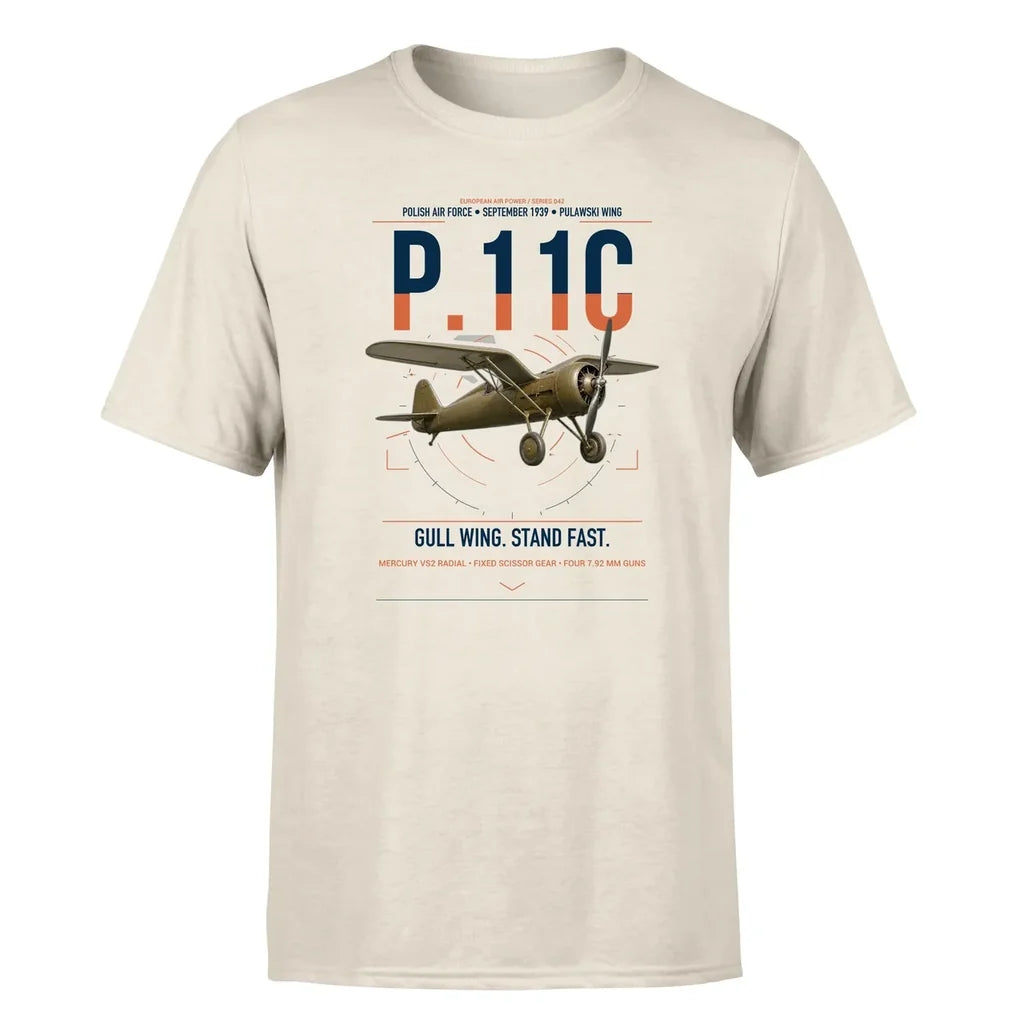 PZL P.11c design on beige t-shirt, single-side print