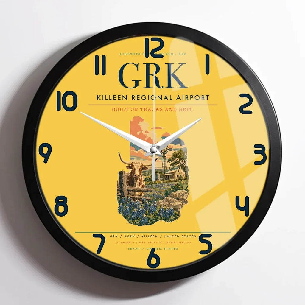 Killeen Regional Airport (GRK) design on yellow framed wall clock