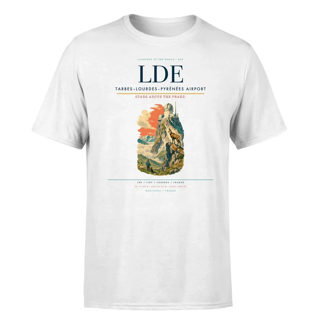 Tarbes–Lourdes–Pyrénées Airport (LDE) T-Shirt single-side front print in White | tarbeslourdespyrénées-airport-lde-double-side-t-shirt