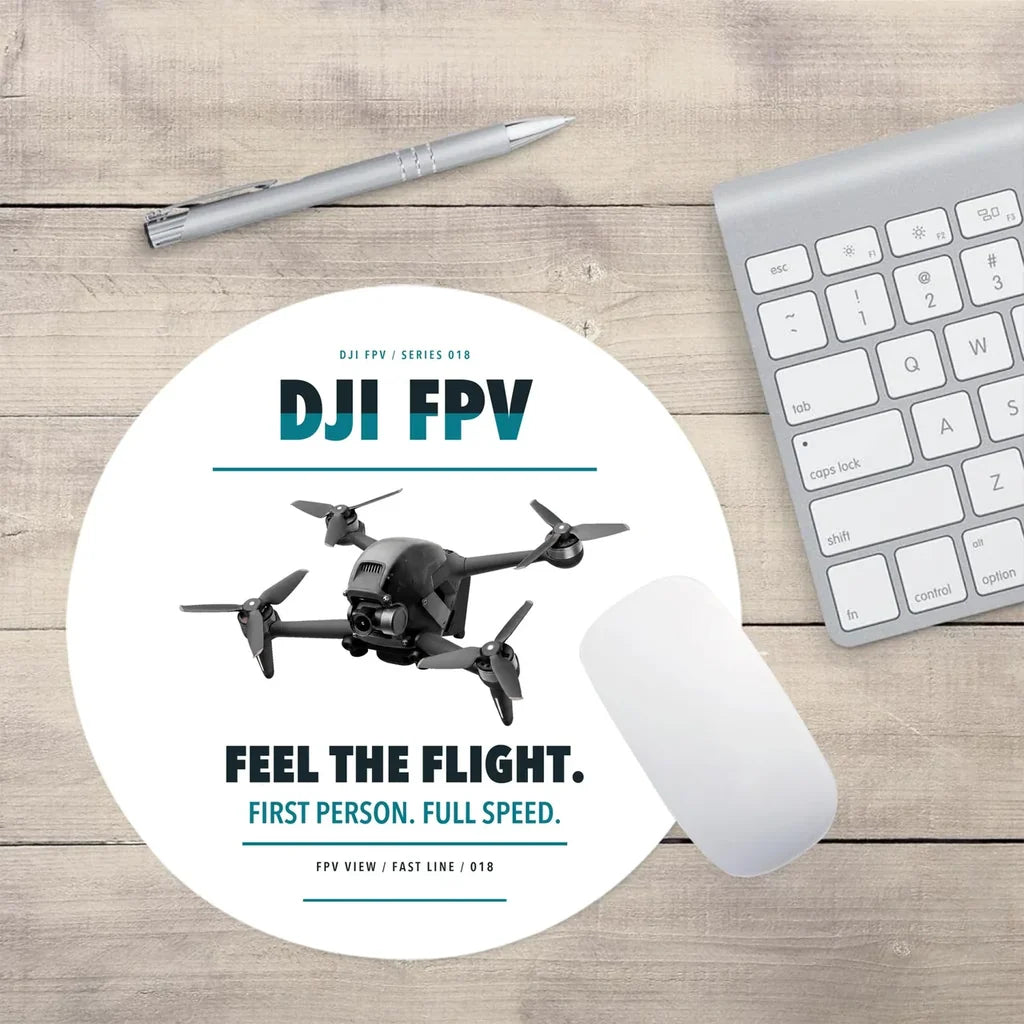 DJI FPV design on white round mouse pad