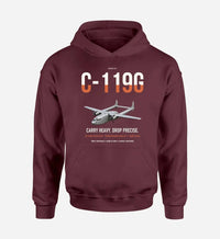 Thumbnail for C-119G Flying Boxcar design on dark red double-side hoodie, single-side print