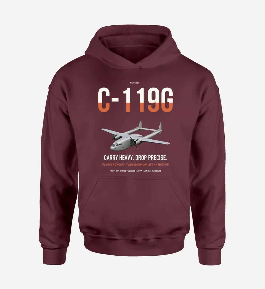 C-119G Flying Boxcar design on dark red double-side hoodie, single-side print