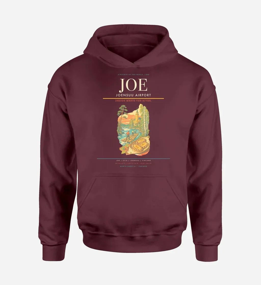 Joensuu Airport (JOE) design on dark red hoodie single-side print
