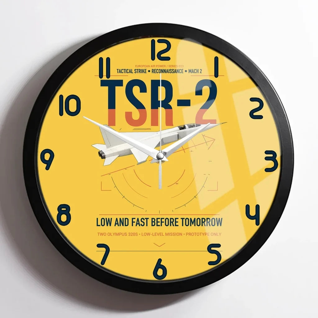 BAC TSR-2 design on yellow framed wall clock