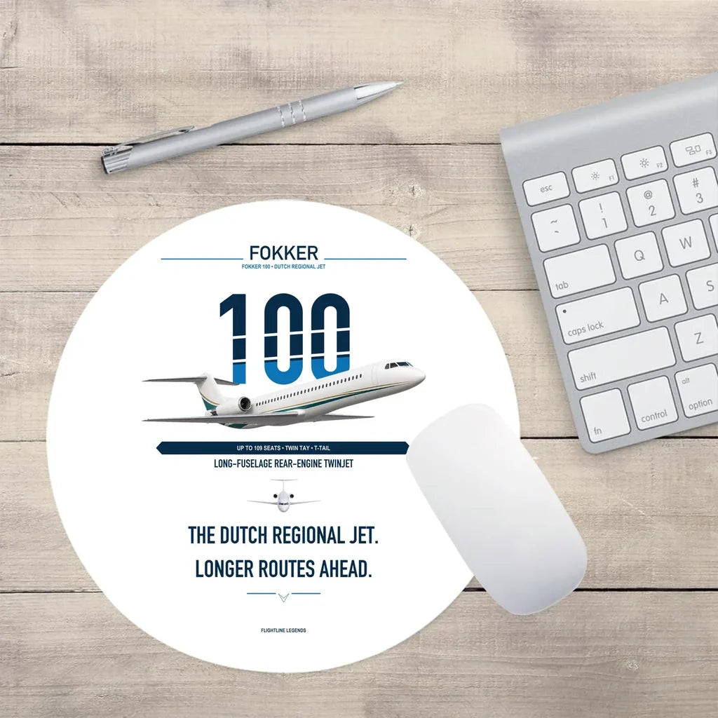 Fokker 100 design on white round mouse pad
