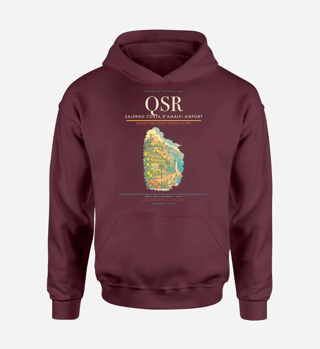 Salerno Costa d'Amalfi Airport (QSR) design on dark red hoodie single-side print