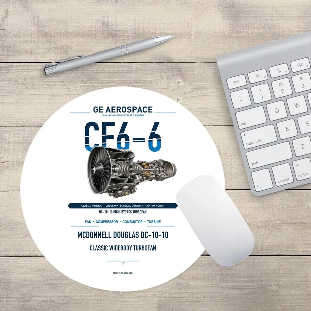 CF6-6 design on white round mouse pad