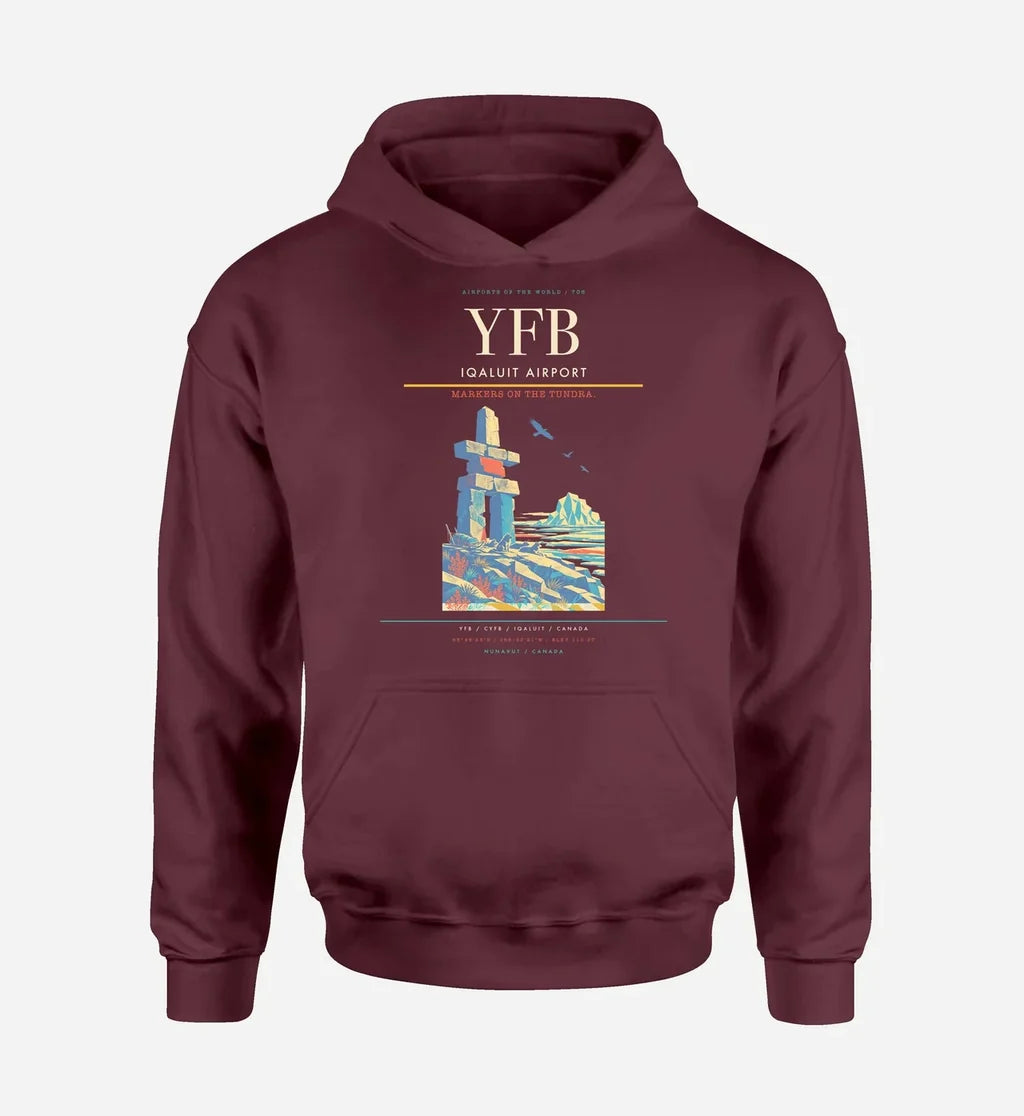 Iqaluit Airport (YFB) design on dark red hoodie single-side print