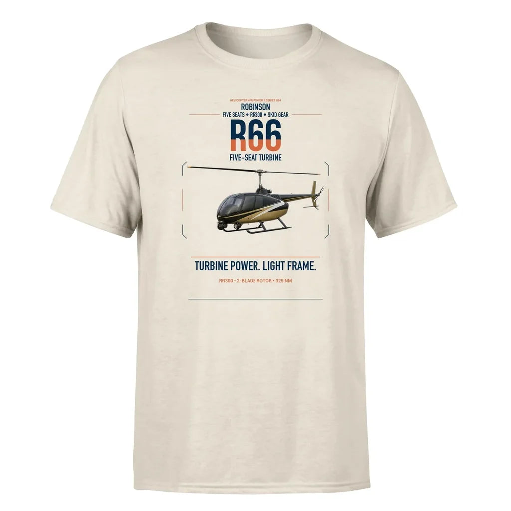 Robinson R66 design on beige t-shirt, single-side print
