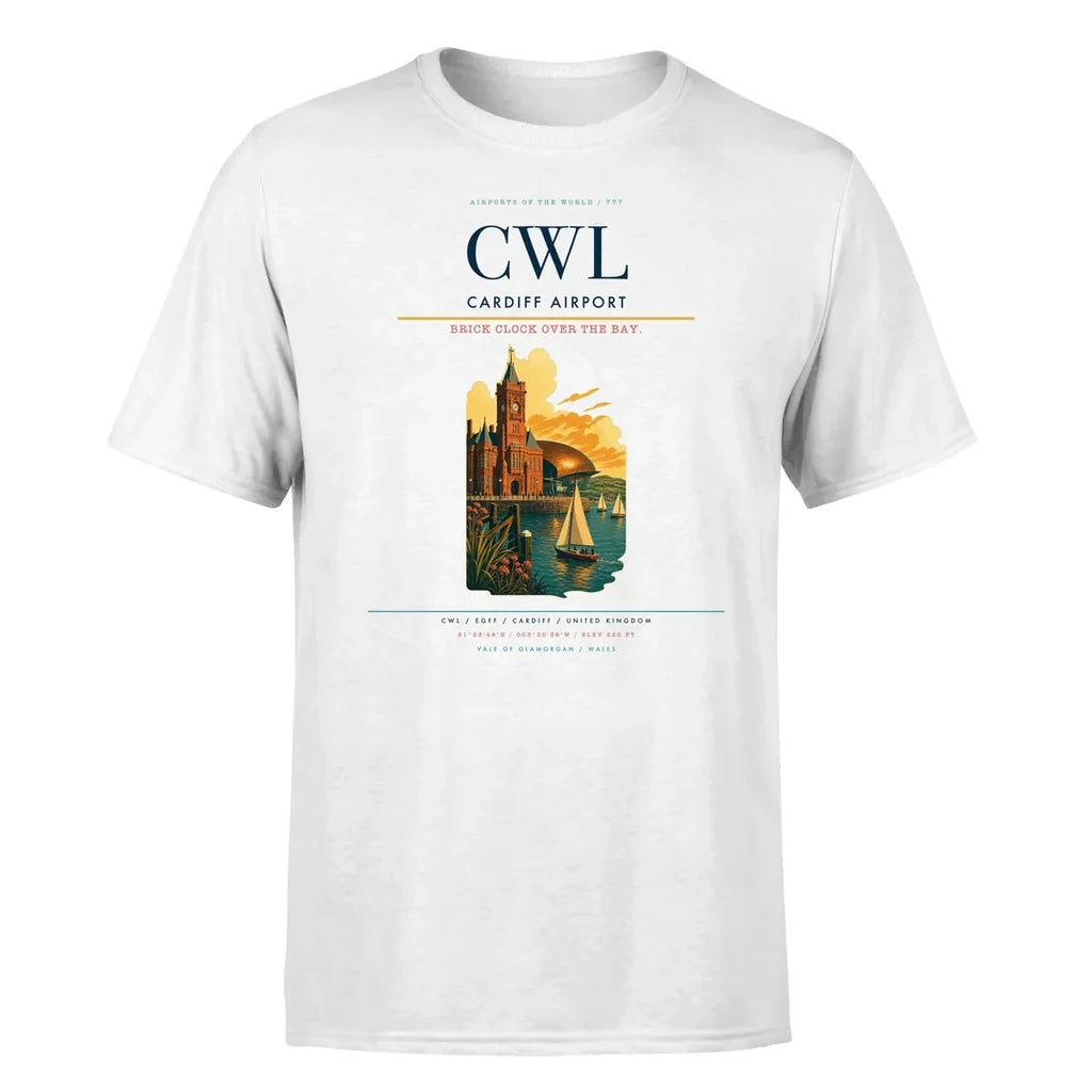 Cardiff Airport (CWL) T-Shirt single-side front print in White | cardiff-airport-cwl-double-side-t-shirt