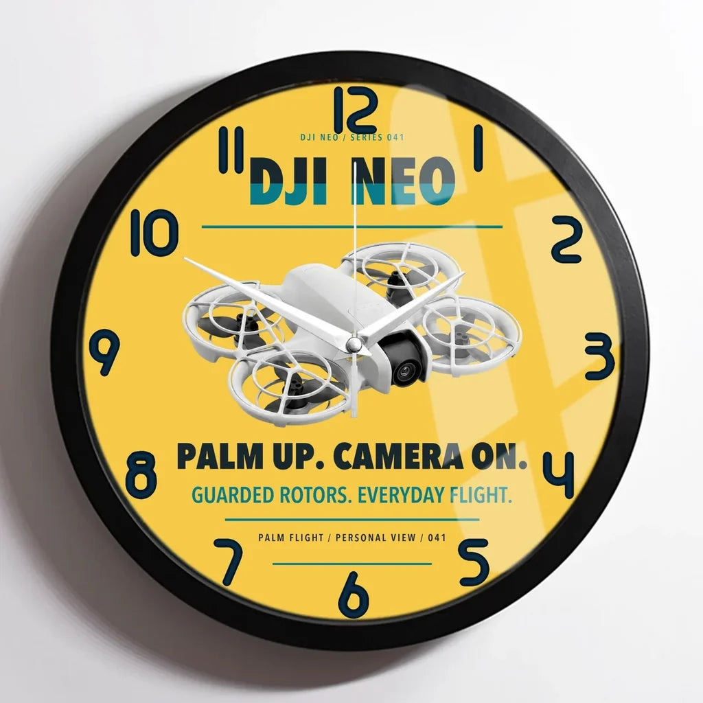 DJI Neo design on yellow framed wall clock