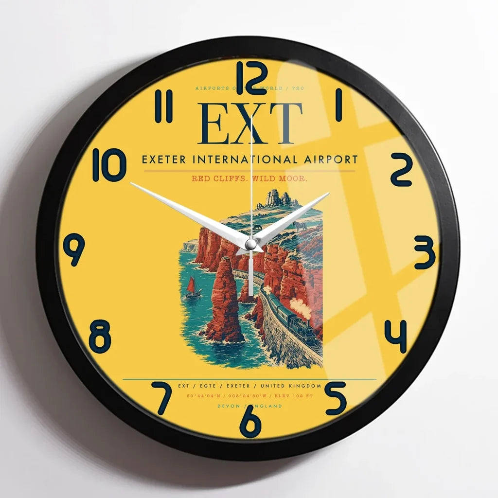 Exeter International Airport (EXT) design on yellow framed wall clock