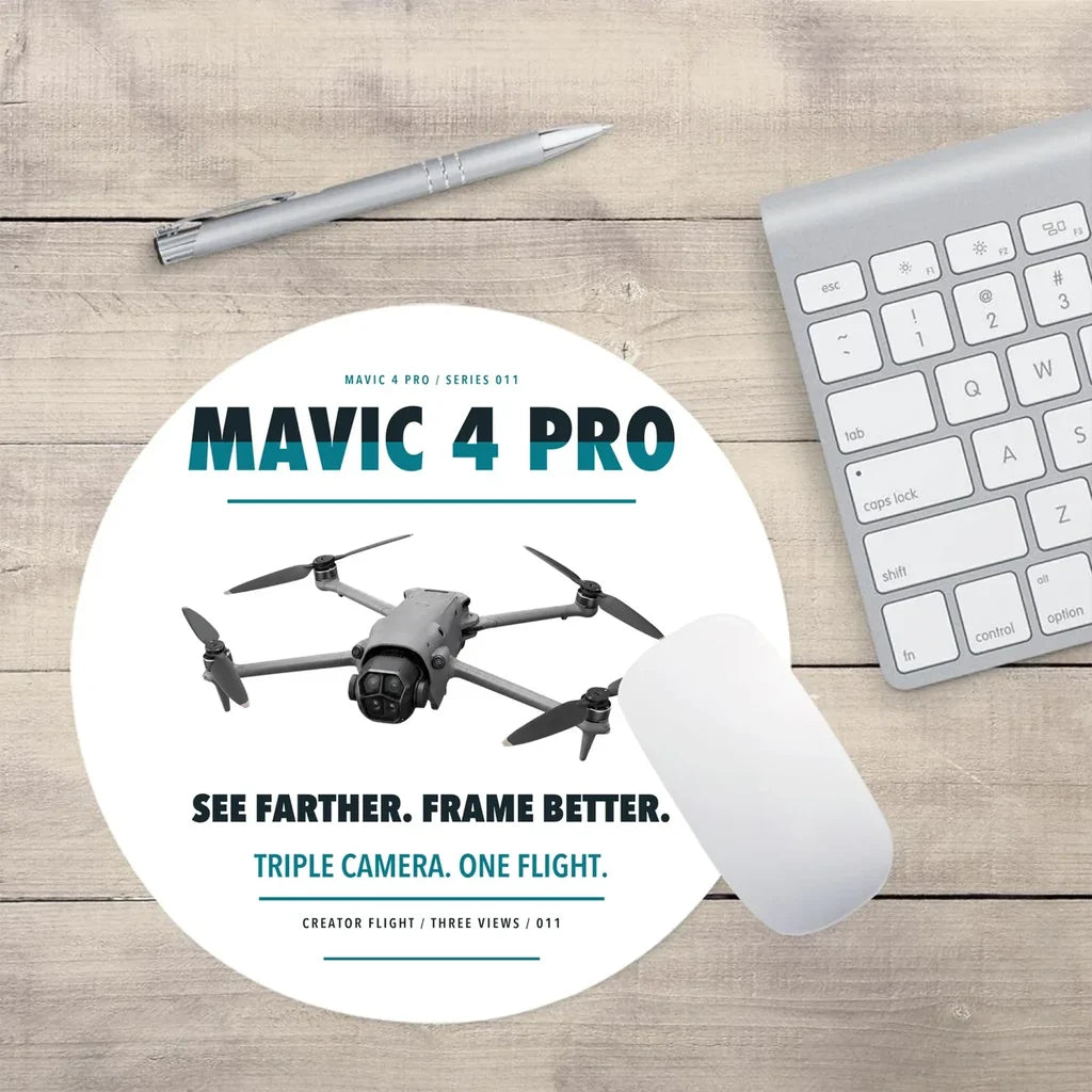 DJI Mavic 4 Pro design on white round mouse pad
