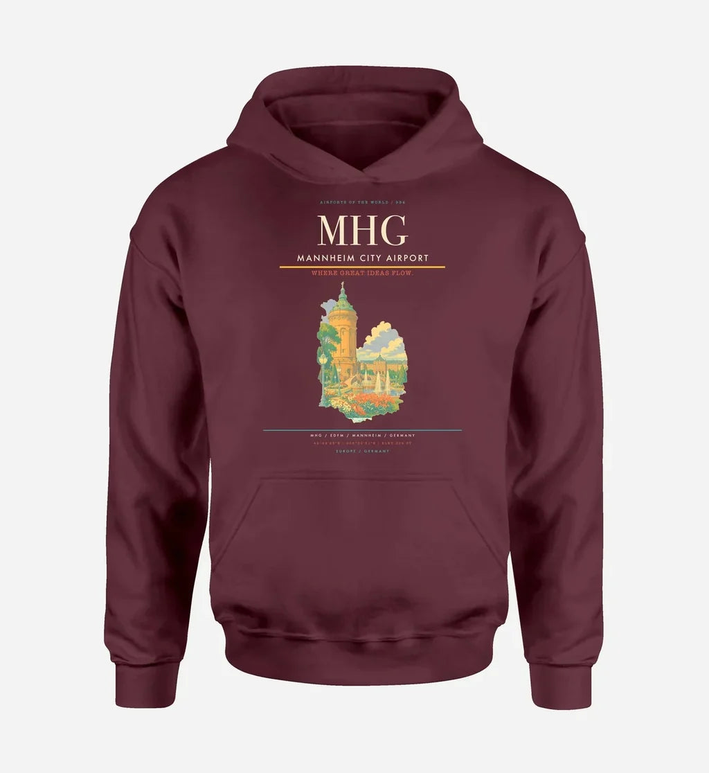 Mannheim City Airport (MHG) design on dark red hoodie single-side print