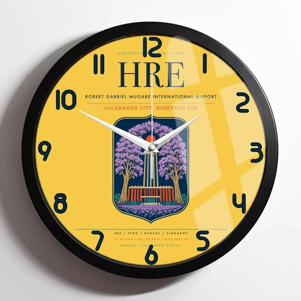 Robert Gabriel Mugabe International Airport (HRE) design on yellow framed wall clock