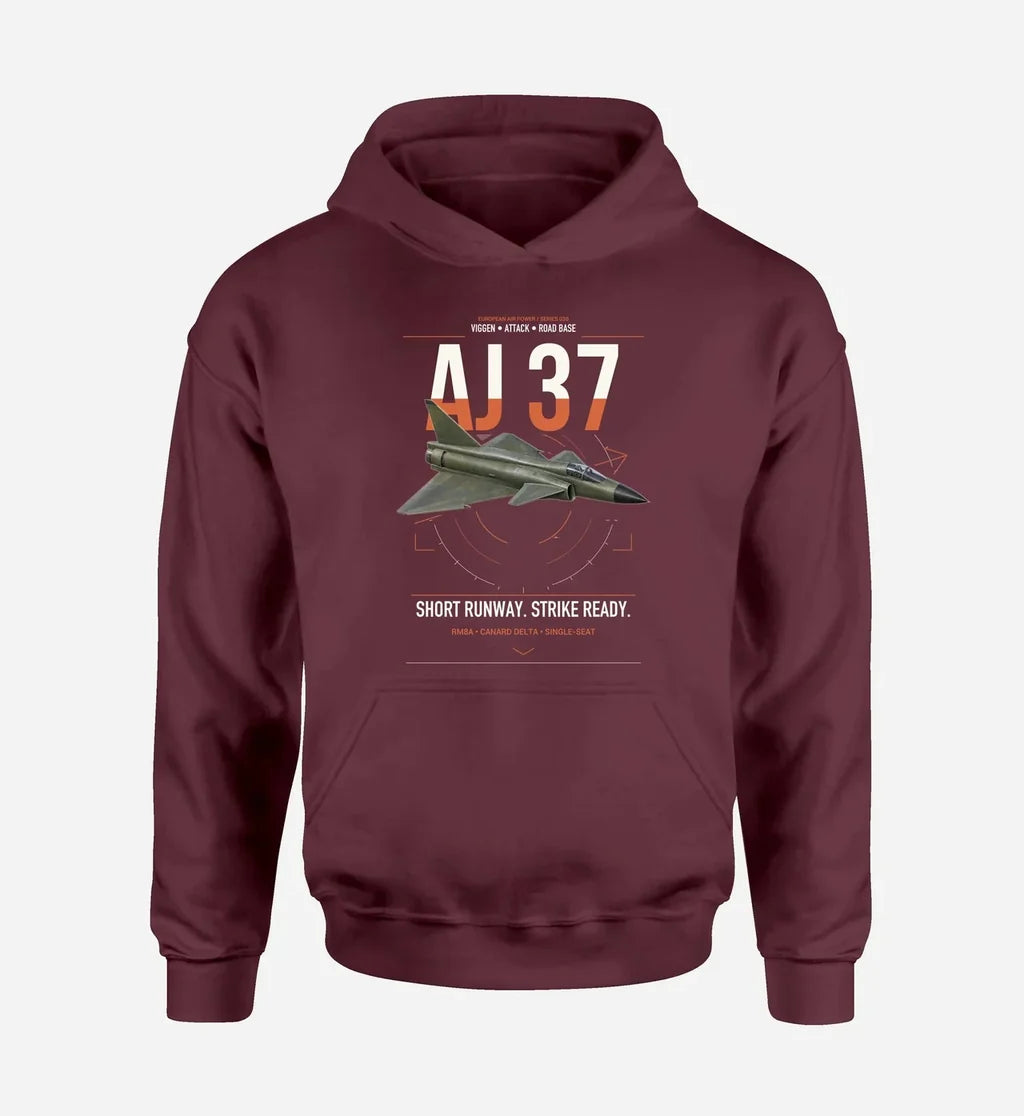 Saab AJ 37 Viggen design on dark red double-side hoodie, single-side print
