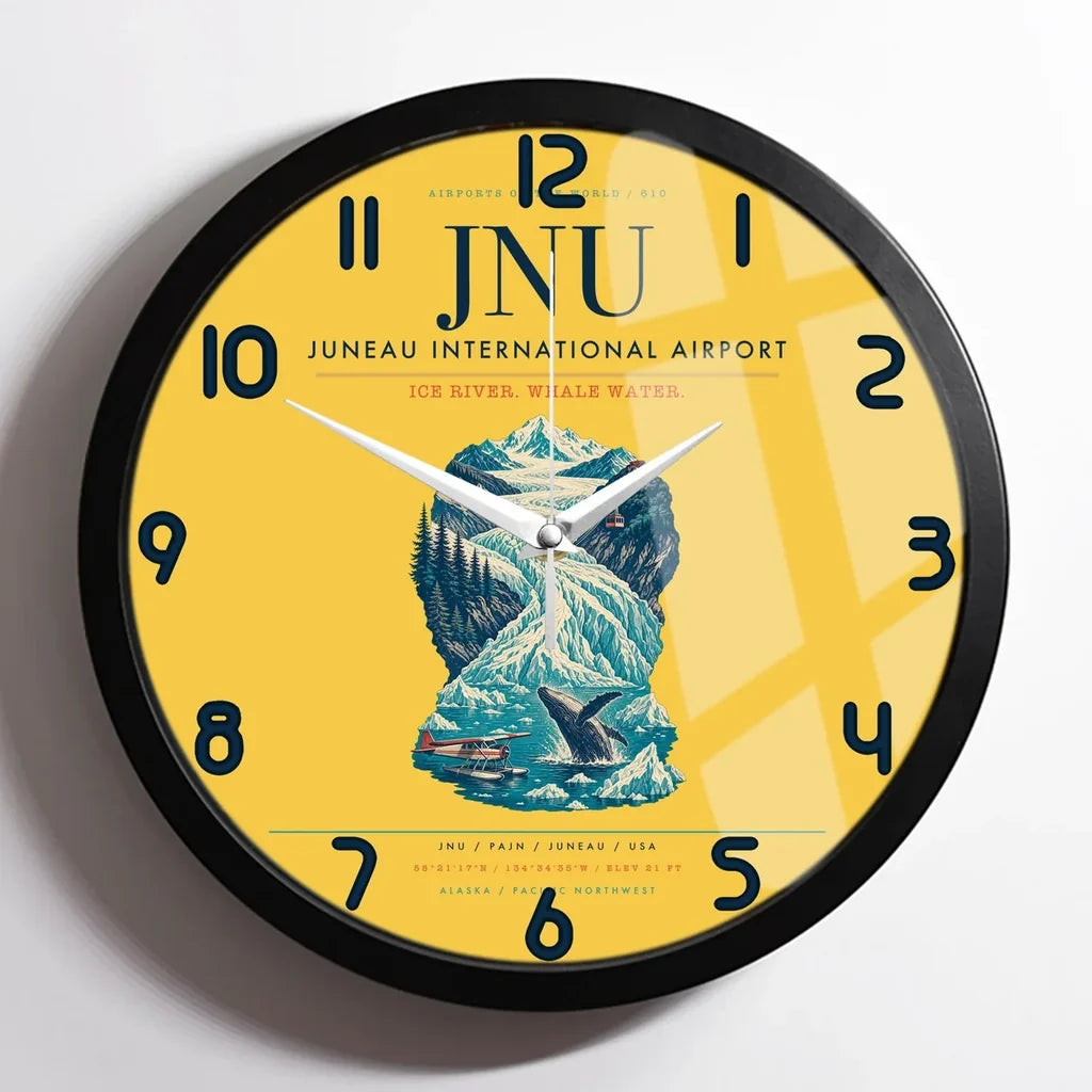 Juneau International Airport (JNU) design on yellow framed wall clock