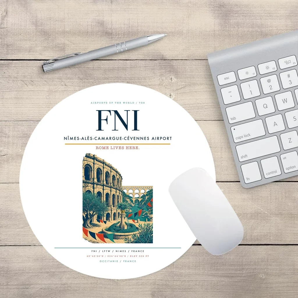Nîmes-Alès-Camargue-Cévennes Airport (FNI) design on white round mouse pad